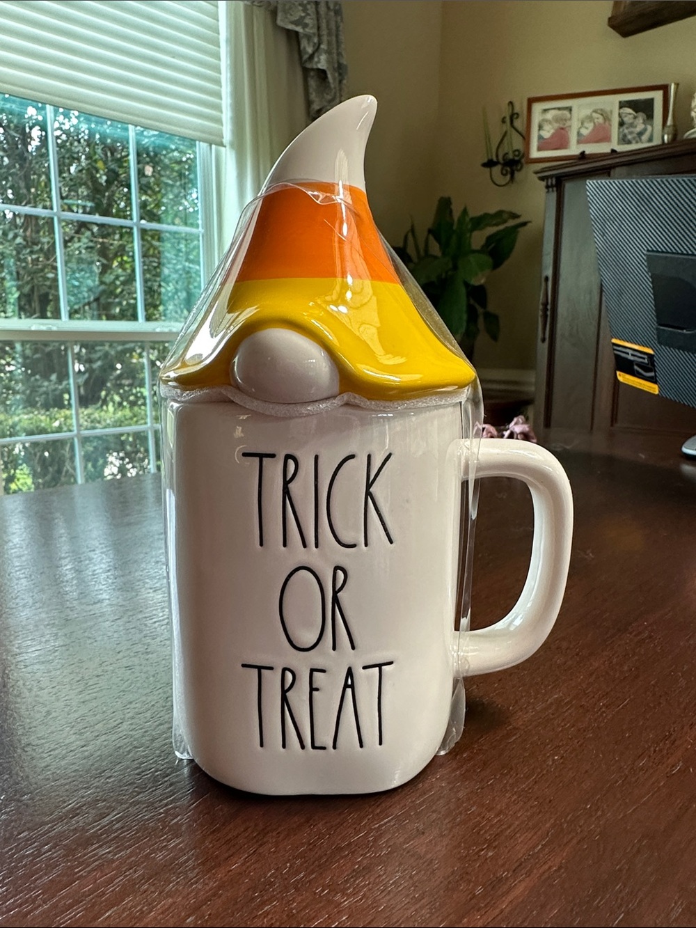 NIP Rae Dunn Trick or Treat Gnome Ceramic Mug with Lid - White & Yellow